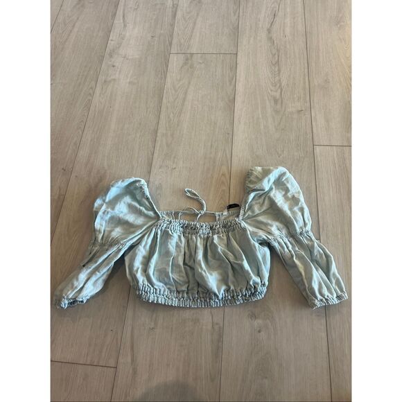 Zara Blue Denim puff sleeve cut out Crop top size xs - Picture 1 of 7